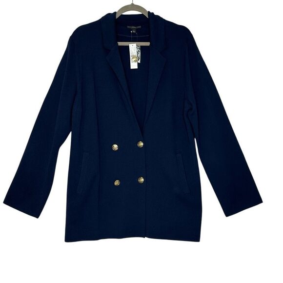 J Crew Navy Blue Double Breasted Gold Button Sweater Blazer | L - Picture 3 of 11
